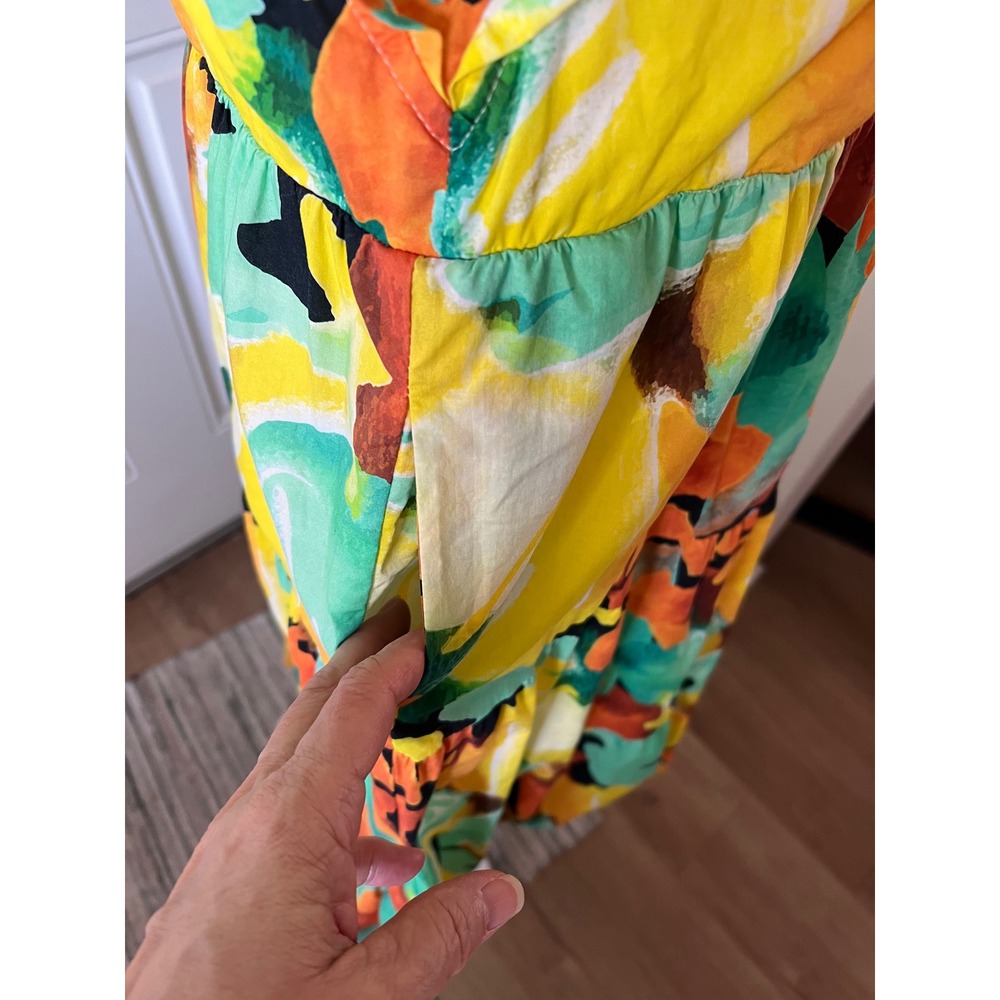 PINCH Floral Tiered Midi Dress Yellow Green Orange Cotton Flutter Sleeve Small - Picture 4 of 10